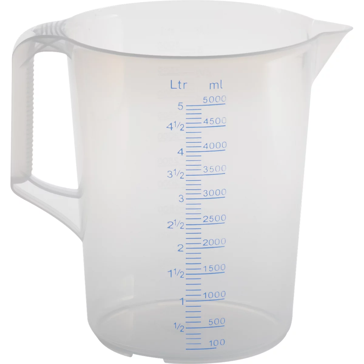 Transparenter 5-Liter-Messbecher aus Kunststoff mit blauer Skalierung in Litern und Millilitern.