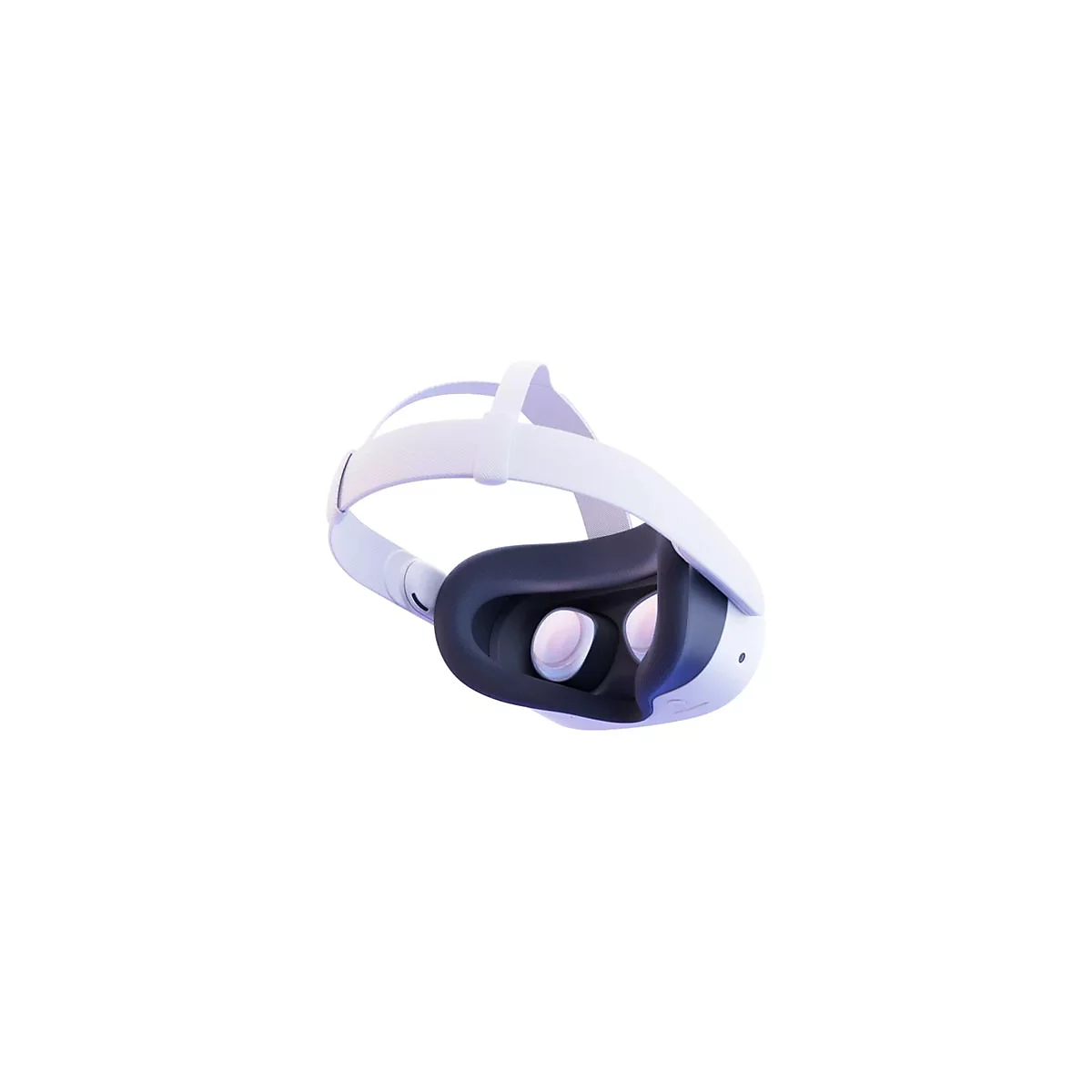 Weißes VR-Headset mit schwarzen Innenpolstern und Gurten. Die Linsen sind rosafarben, auf weißem Hintergrund.