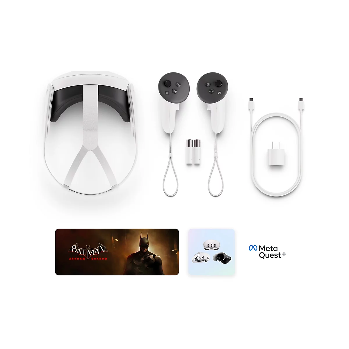 VR-Brille und Zubehör auf weißem Hintergrund. Enthält Controller, Kabel, Ladegerät, Batterien und Spielcover.