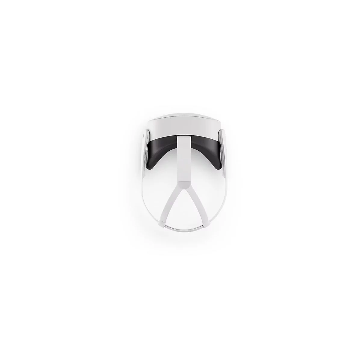 Draufsicht auf eine VR-Brille, hauptsächlich weiß und schwarz, mit Bügeln und Stirnband auf weißem Grund.