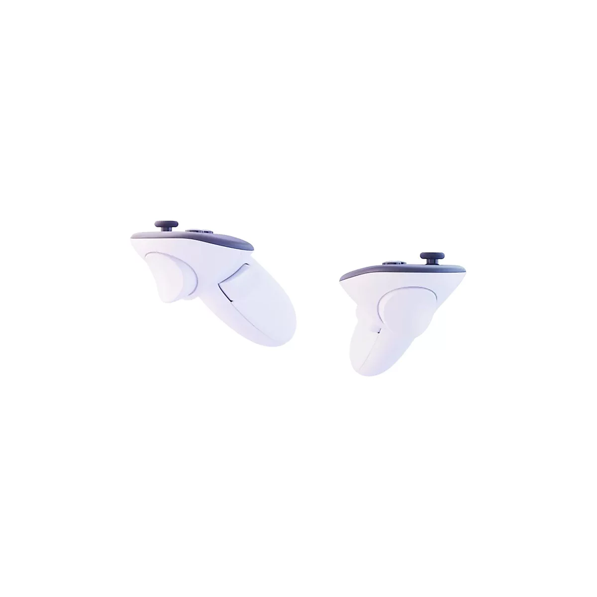 Zwei weiße VR-Controller mit schwarzen Akzenten und Knöpfen, vor weißem Hintergrund.