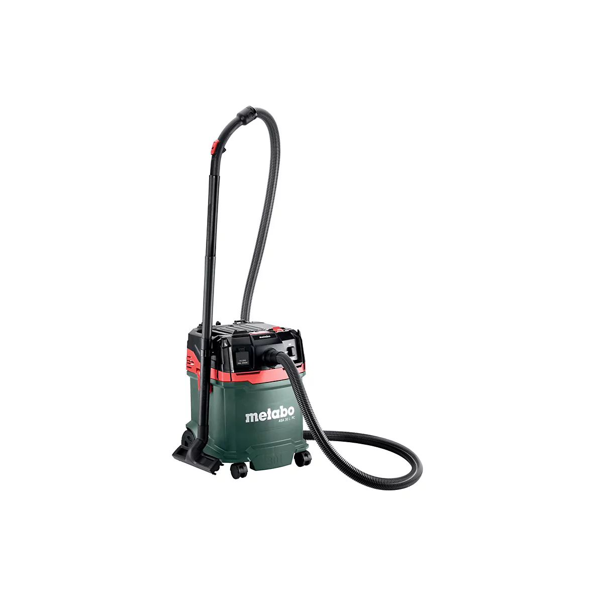 Dunkelgrüner Staubsauger mit schwarzem Schlauch und Griff auf weißem Hintergrund. Der Schriftzug "metabo" ist zu sehen.