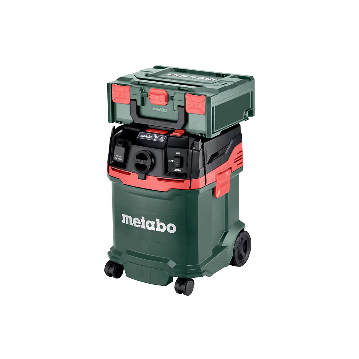Grüner Metabo-Industriesauger mit schwarzem Deckel und roter Verkleidung. Auf dem Gerät befindet sich eine grüne Metabo-Box. Rollen am Fuß.