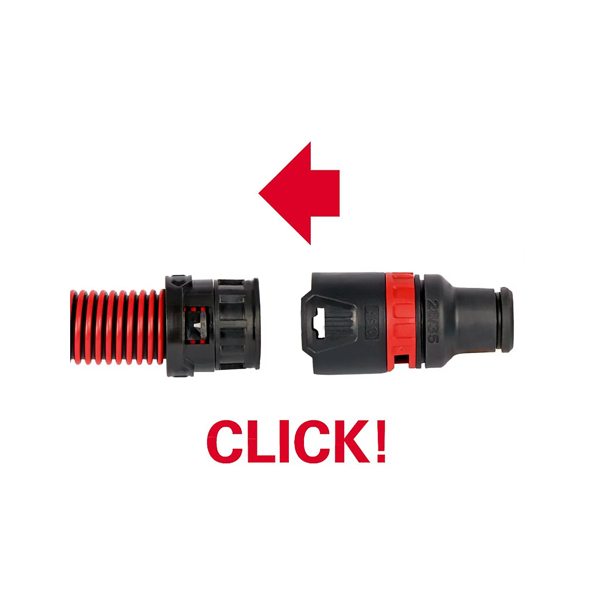 Zwei schwarze Stecker mit roter Innenstruktur, getrennt durch einen roten Pfeil, darunter "CLICK!".