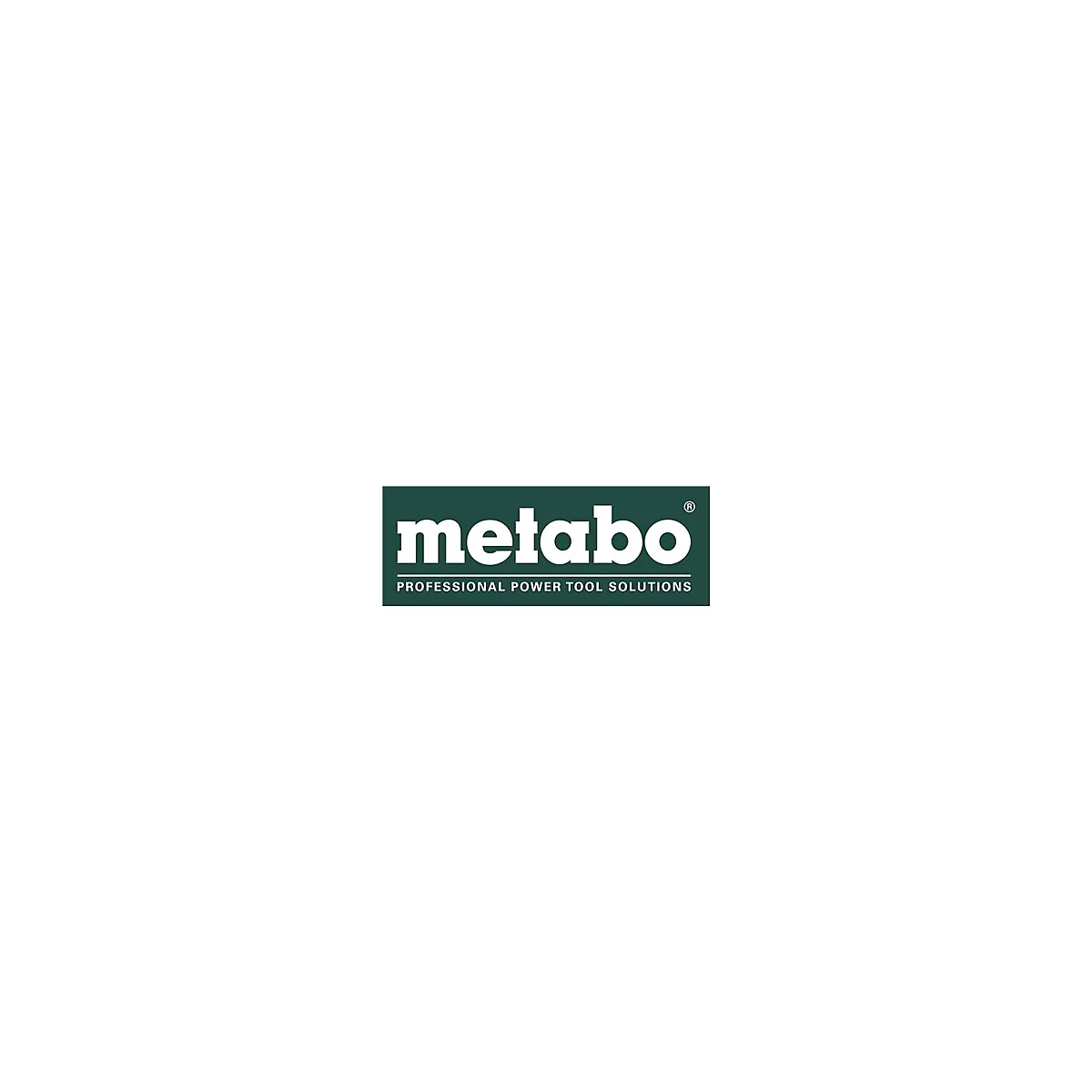 Metabo Logo in Weiß auf einem dunkelgrünen, rechteckigen Hintergrund mit Schriftzug Professional Power Tool Solutions.