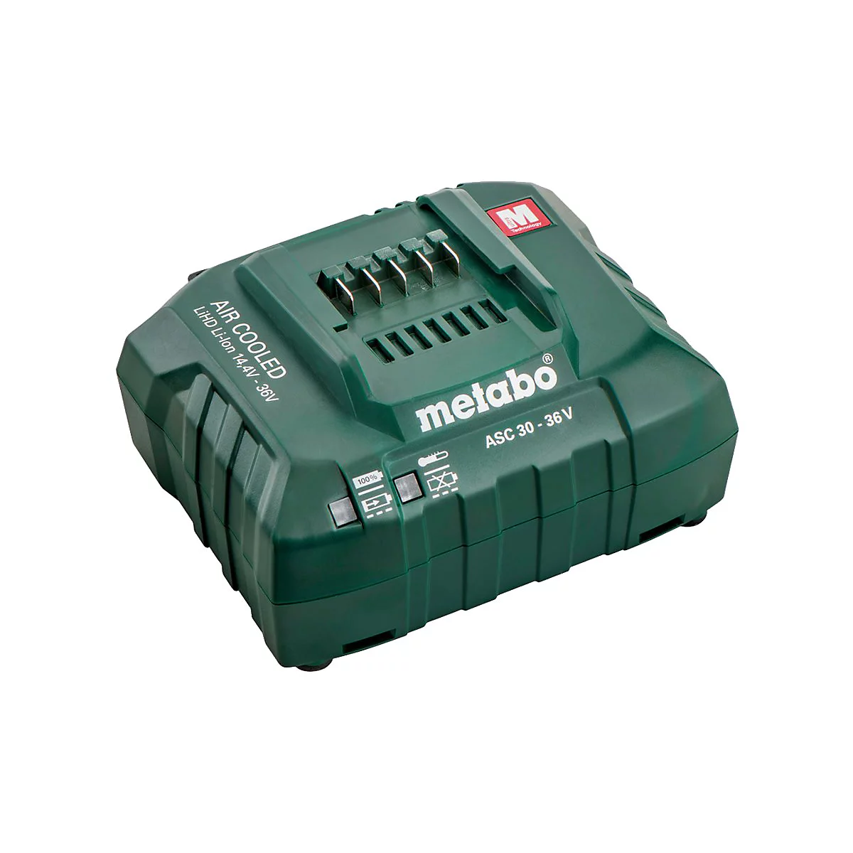 Grünes Metabo Akku-Ladegerät ASC 30-36 V auf weißem Hintergrund.