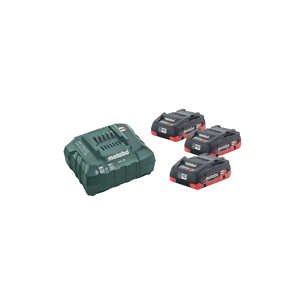 Chargeur et batteries Metabo. Le chargeur est vert, les batteries sont noires avec des bas rouges.