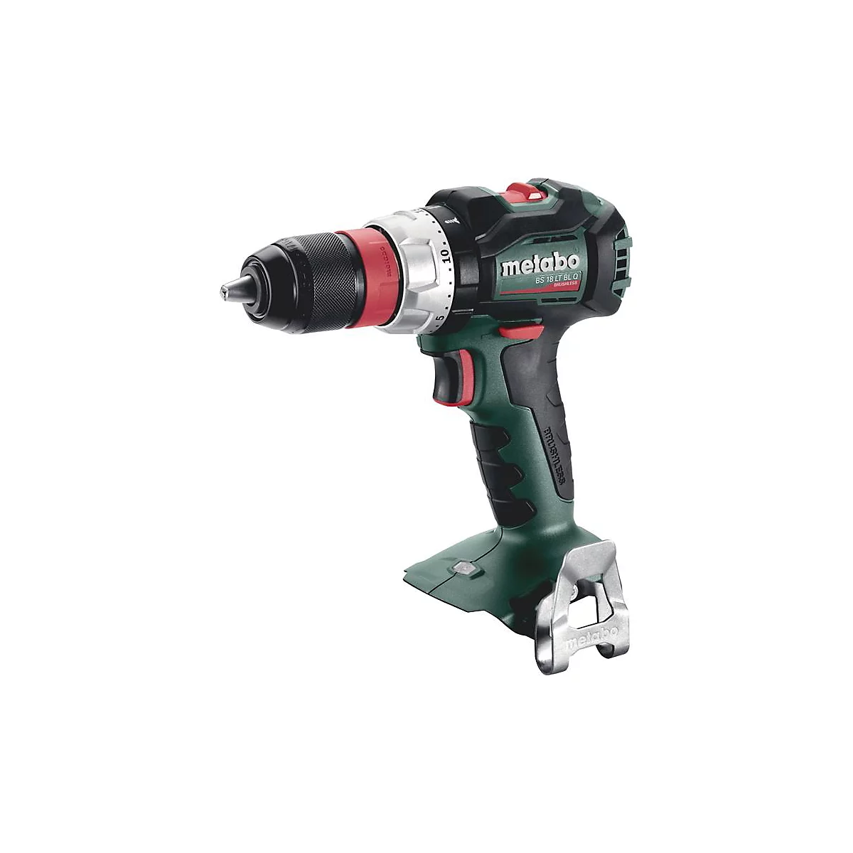 Perceuse sans fil Metabo BS 18 LT BL Q verte et noire. Bouton de batterie rouge et bague de vitesse, pointe de mandrin argentée.