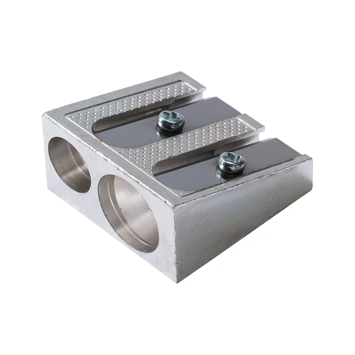 A silver, double-hole metal pencil sharpener.