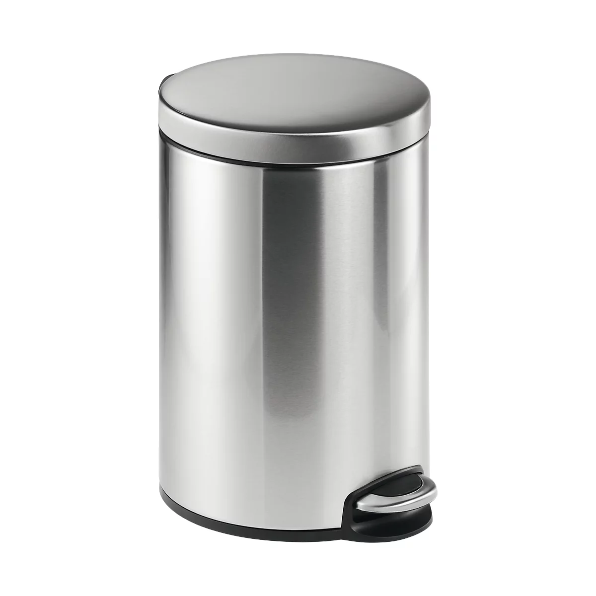Cylindrical stainless steel pedal bin with lid and footrest.