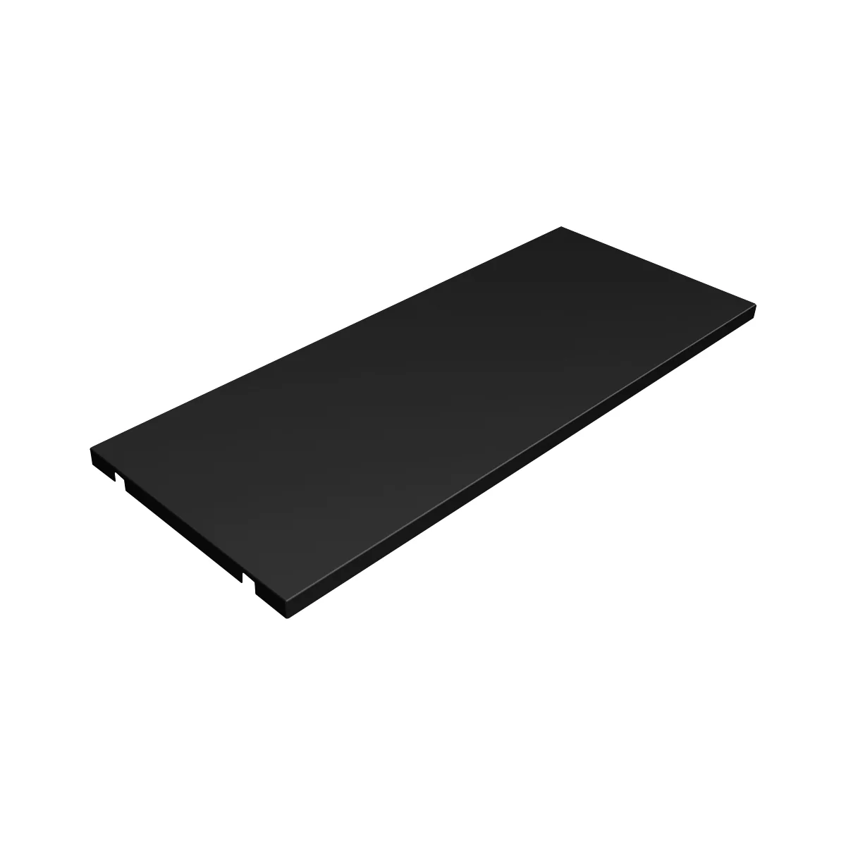 Black, rectangular table top, photographed at a slight angle from above. At the bottom end are two small cutouts.