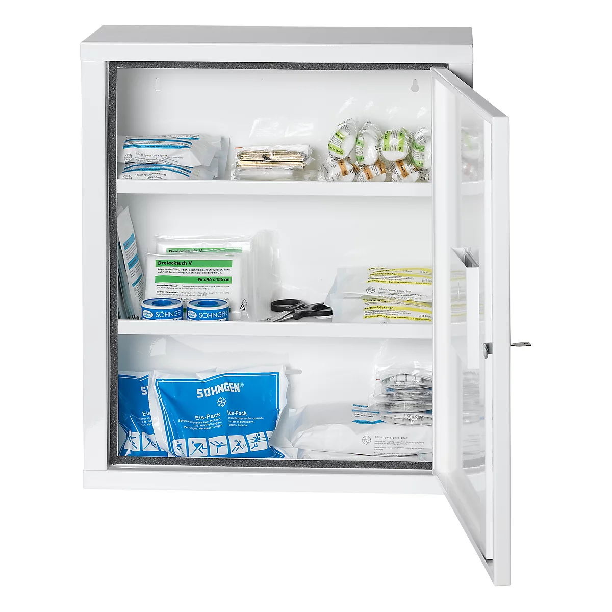 Metalen EHBO-kast EUROSAFE, B 490 x D 200 x H 560 mm, met inhoud conform DIN 13169, wit