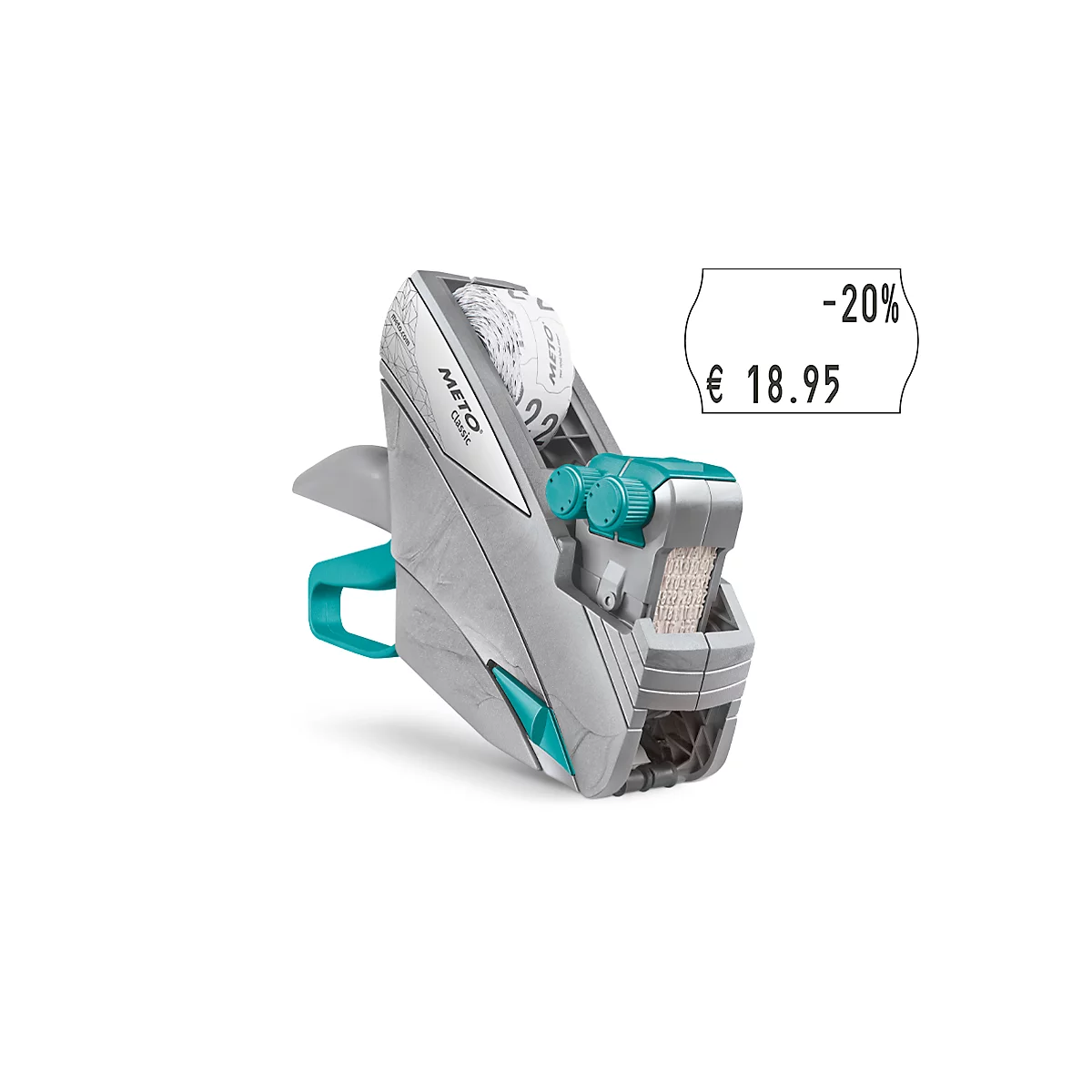 Een grijze en turquoise prijsetiketteermachine. Op een wit label staat -20% en €18,95.