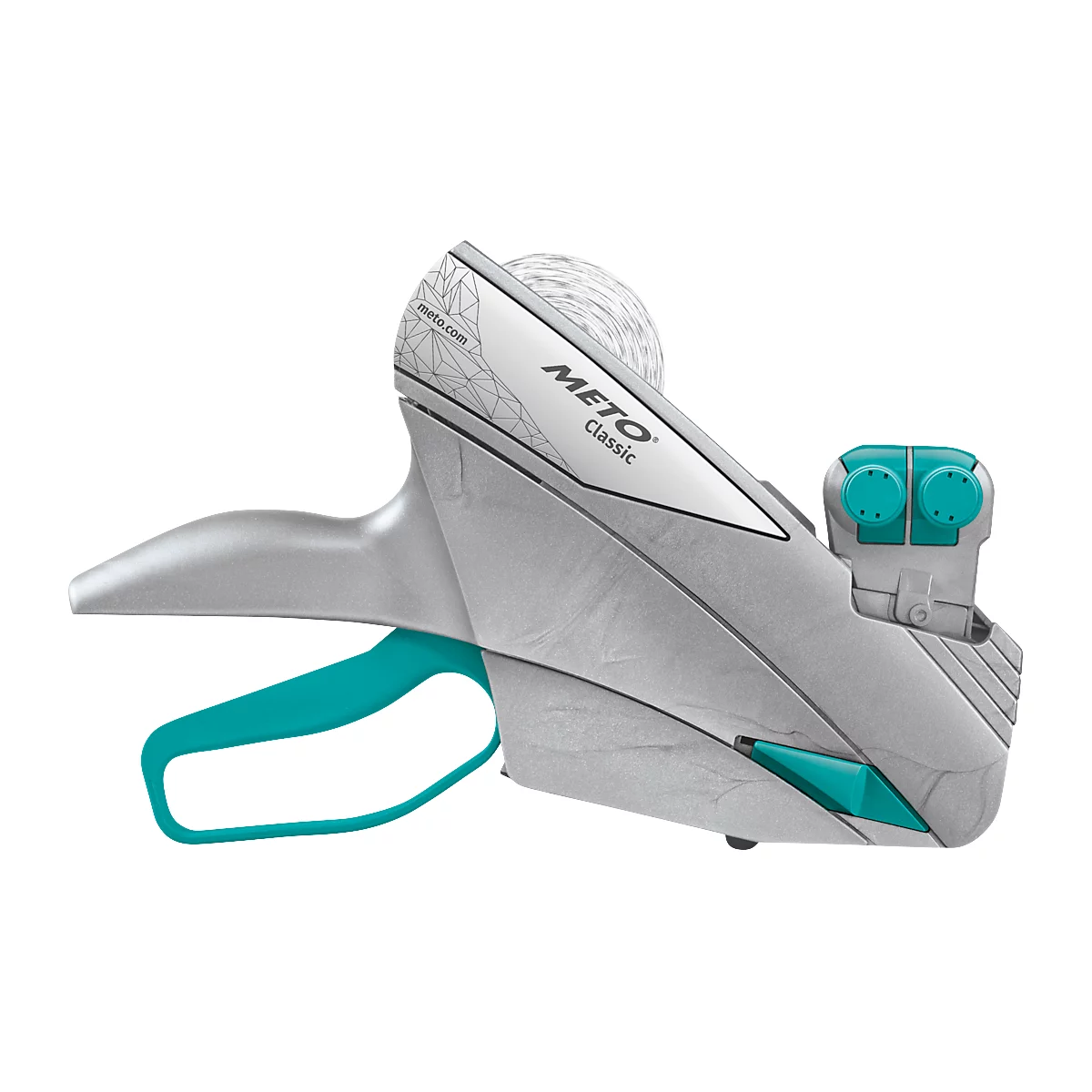 Grijze METO prijslabeler. Turquoise handvat, logo, rolhouder.