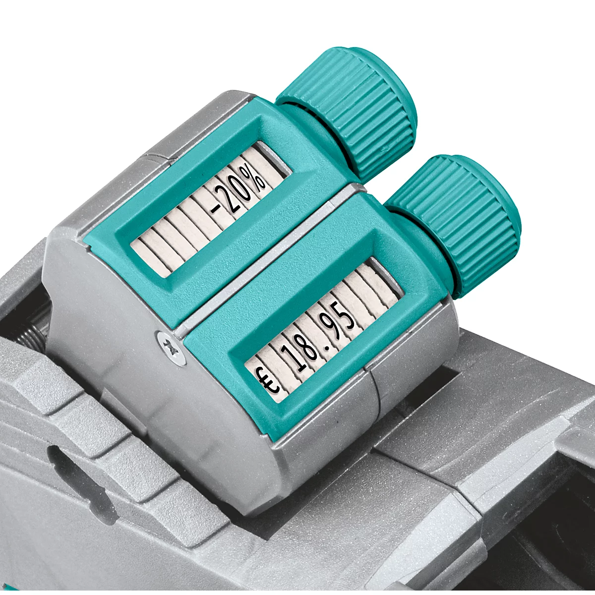 Detailopname van een grijze teller met turkooisblauwe draaiknoppen en displayvelden. Weergave: -20% en 18,95€.