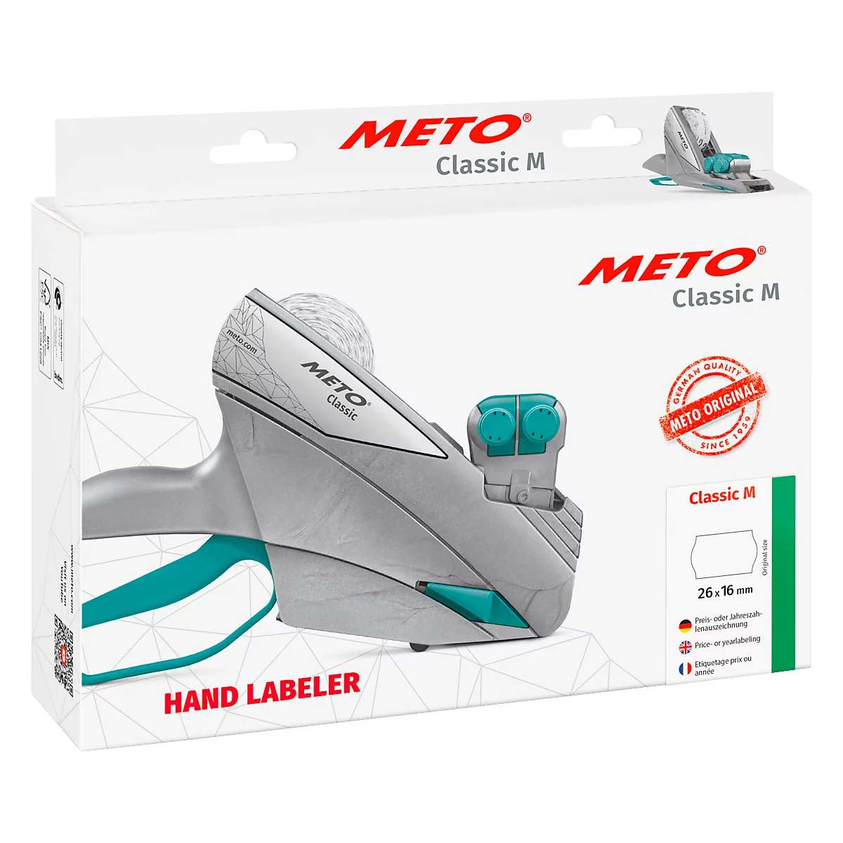 Een grijze handlabeler die gedeeltelijk uit de witte doos steekt. Turquoise accenten en de woorden "METO Classic M".