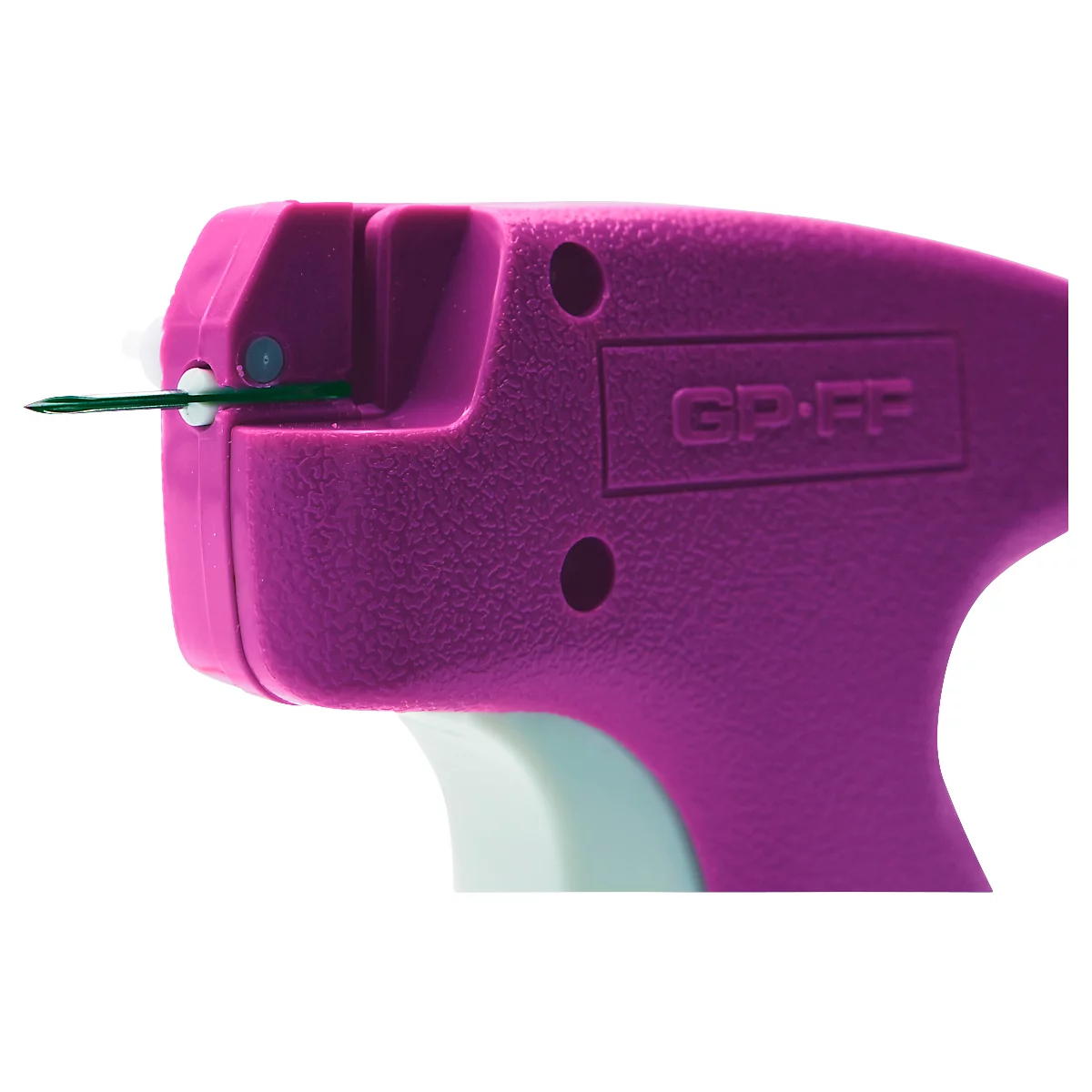 Close-up van een paars labelpistool. Een groene naald is zichtbaar. Het pistool heeft de opdruk "GP-FF".