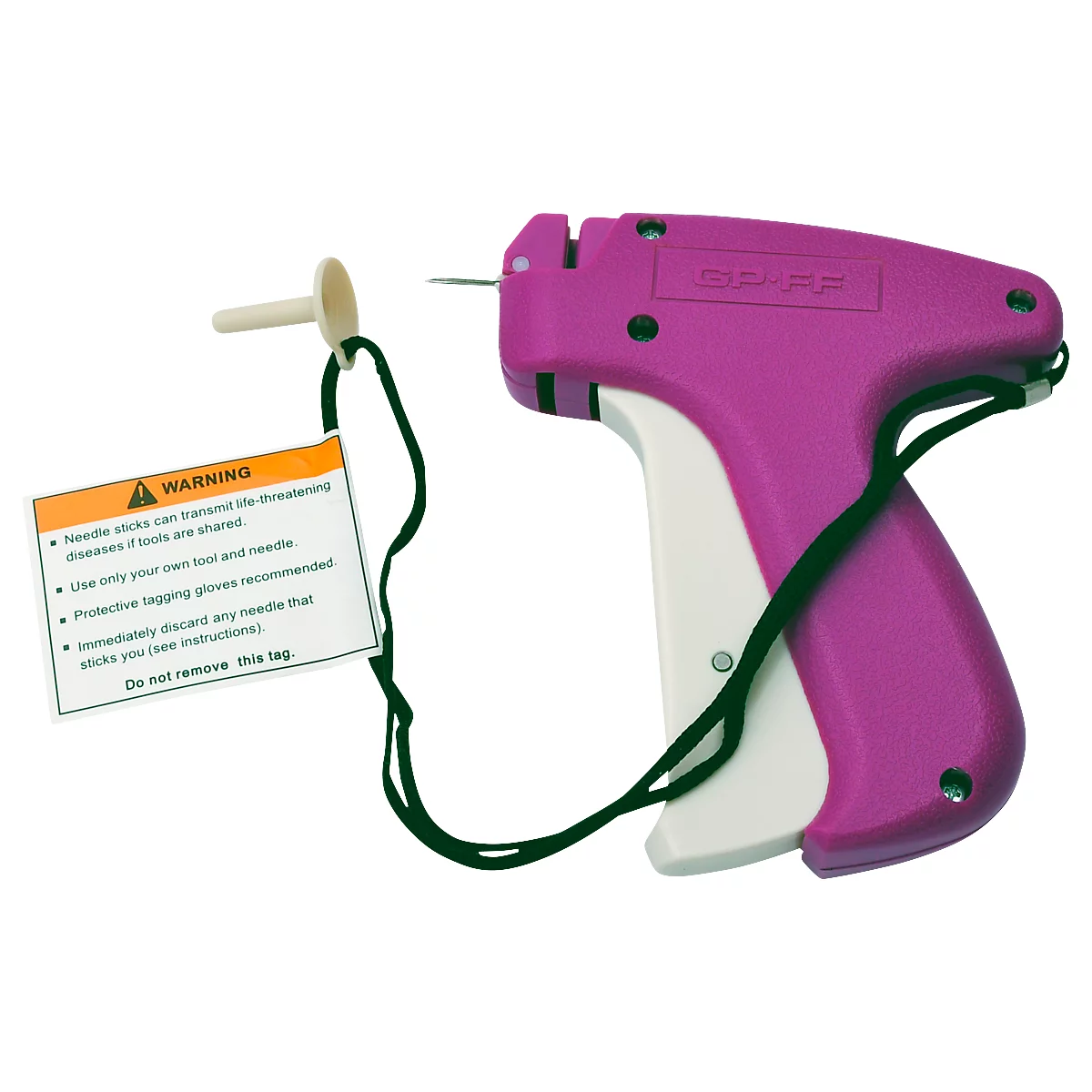 Een roze tagpistool met een witte handgreep en een waarschuwingslabel bevestigd aan een zwarte draad.