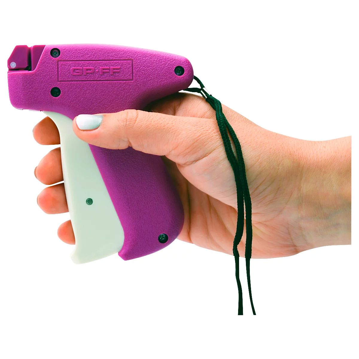 Hand houdt paars-wit labelpistool met zwart koord. Leest “SP FF” bovenaan.