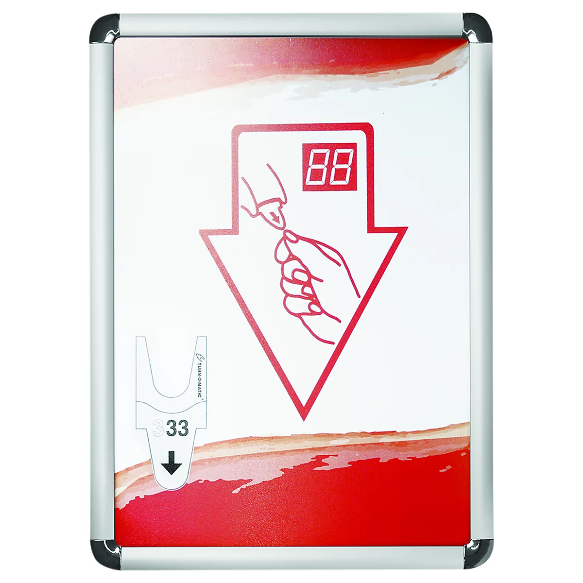 Schild mit Symbolen für die Ticketentnahme. Pfeil mit Händen, die ein Ticket austauschen, und eine digitale Anzeige für die Ticketnummer.