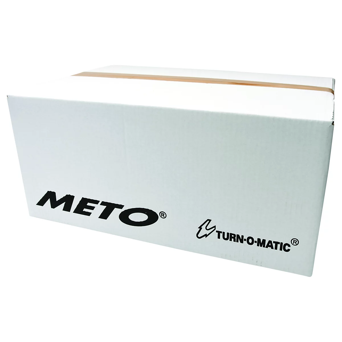 Witte doos met METO en TURN-O-MATIC opdruk. Bruine tape bovenop.