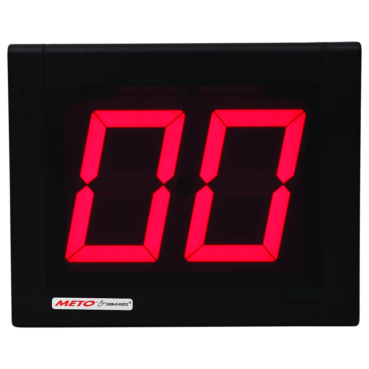 Zwart digitaal display met rode cijfers "00". Het logo "METO Tronic" staat onderaan.