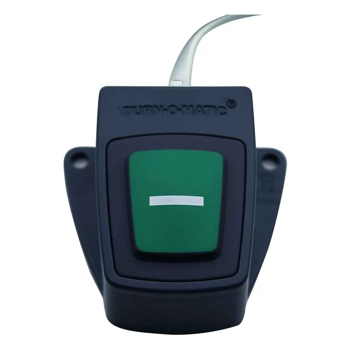 Black button with green button in center, white bar. Cable connection.