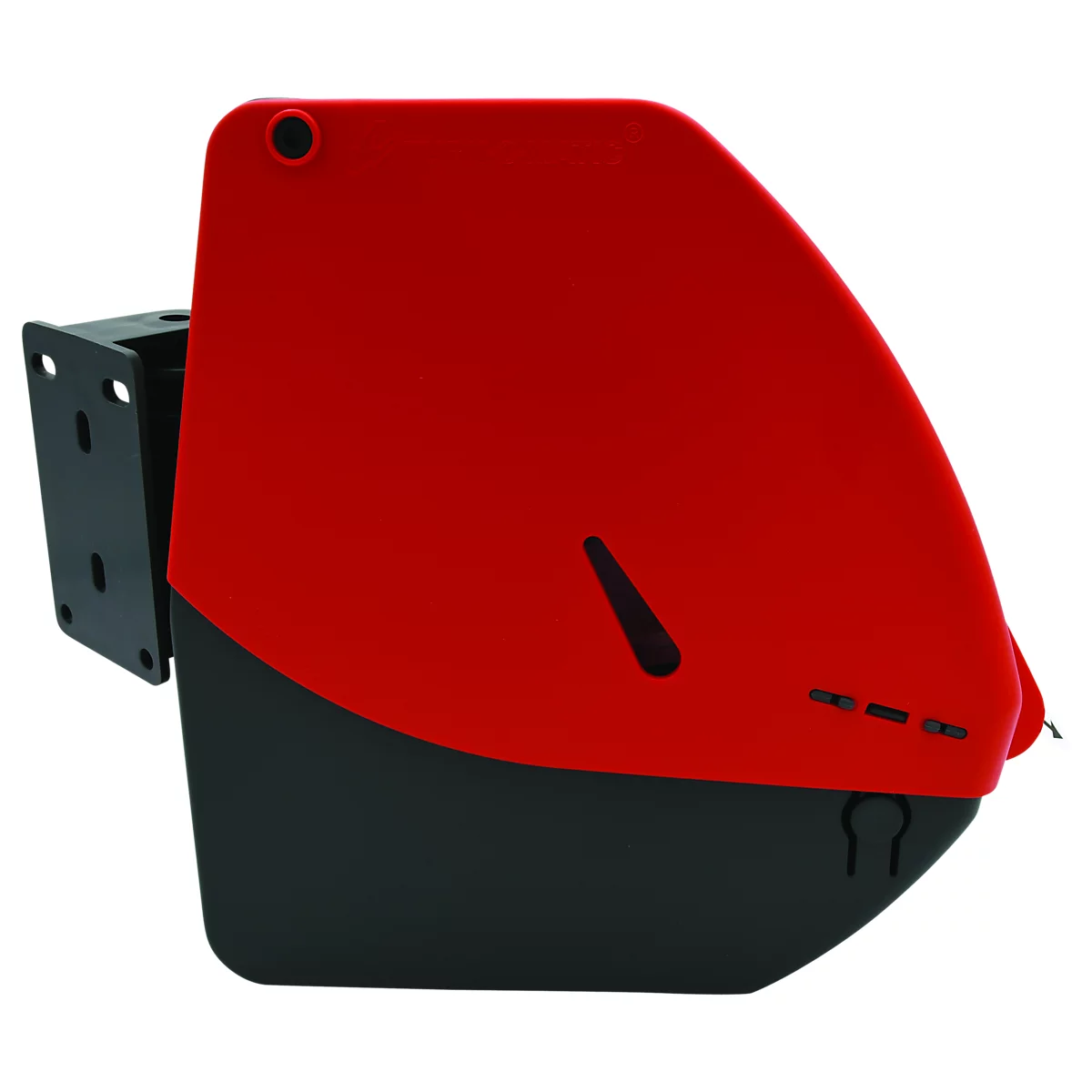 Boîtier rouge et arrondi avec base noire et support.