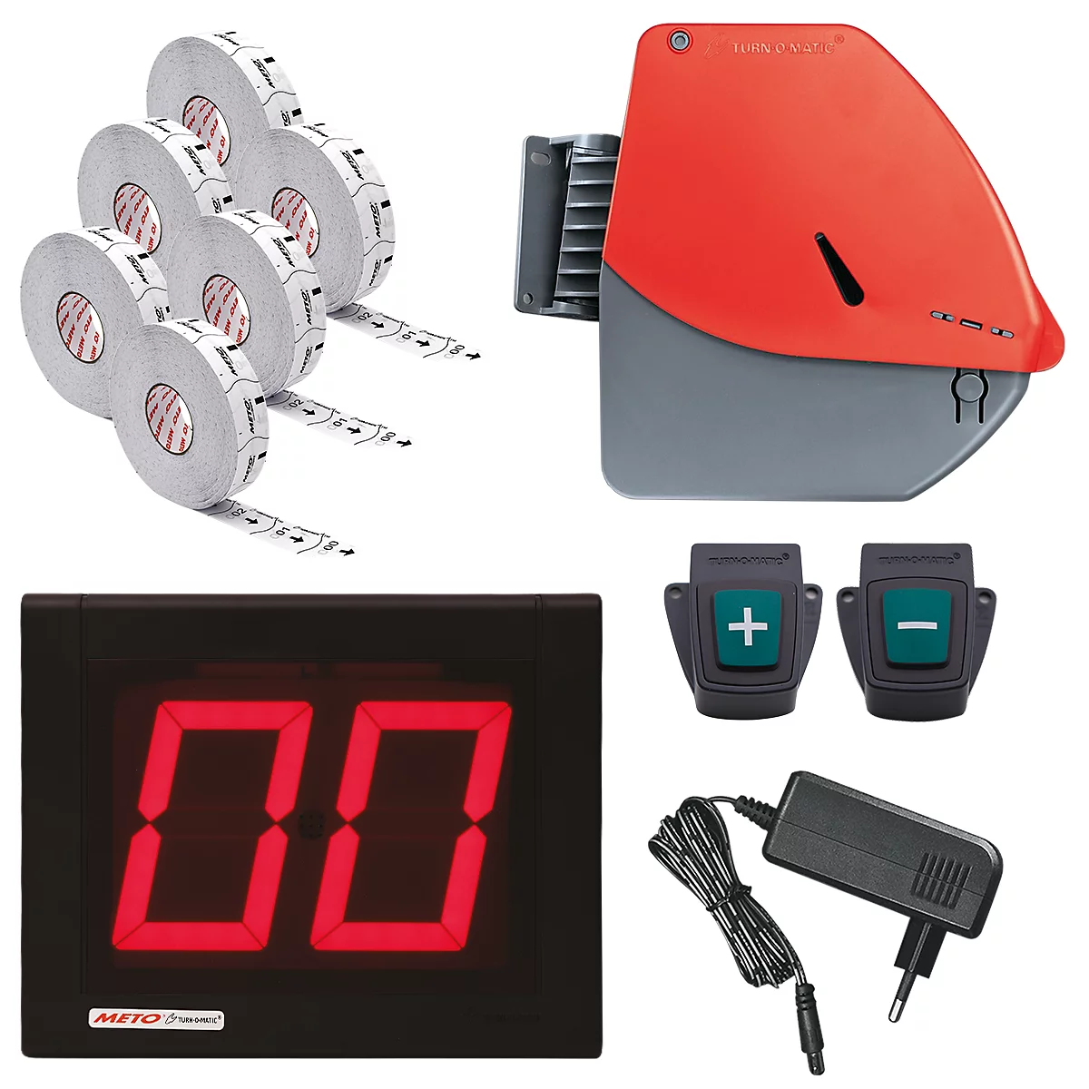 Mehrere Produktkomponenten, darunter Rollen mit Etiketten, ein rotes und graues Gerät, ein rotes LED-Display mit der Aufschrift 00 und verschiedene Bedienelemente.