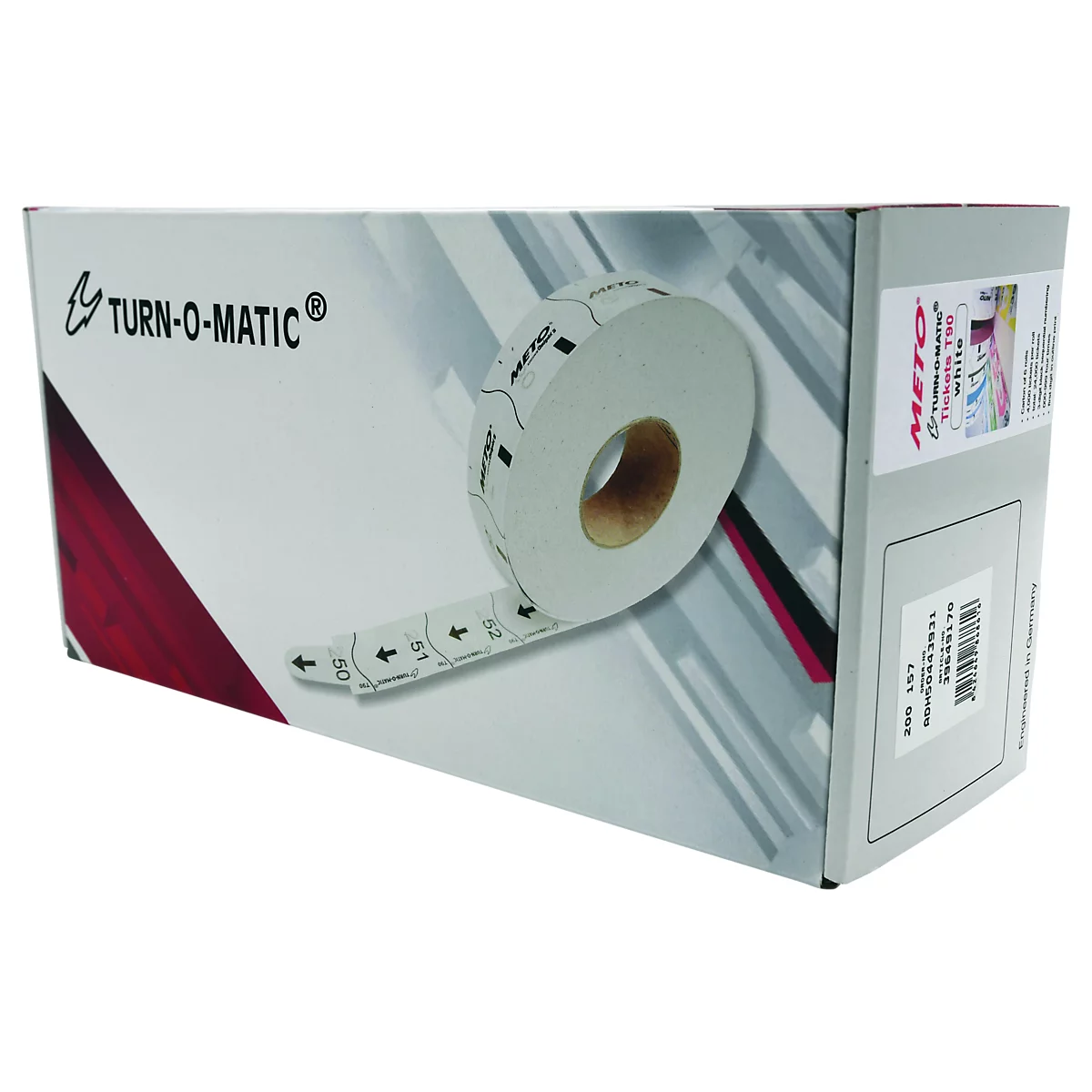 Een doos met TURN-O-MATIC rollen, met een rol met opeenvolgende nummers. Details zichtbaar op de verpakking en rol.