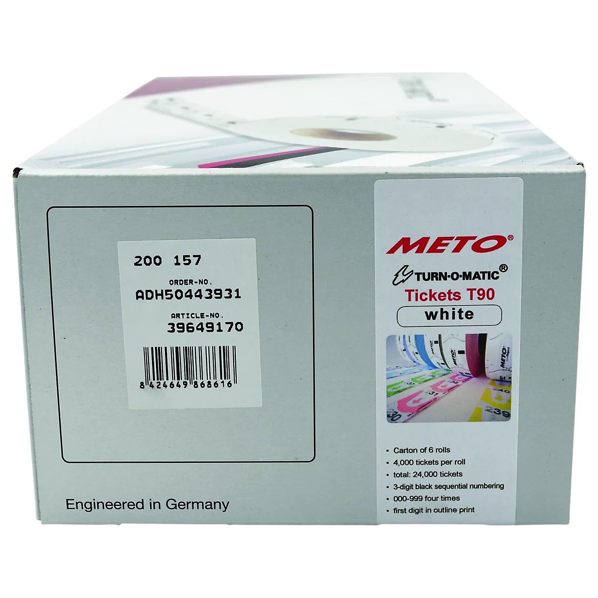 Een witte doos met "METO" tickets. Details zoals artikelnummers en barcodes zijn zichtbaar op de doos.