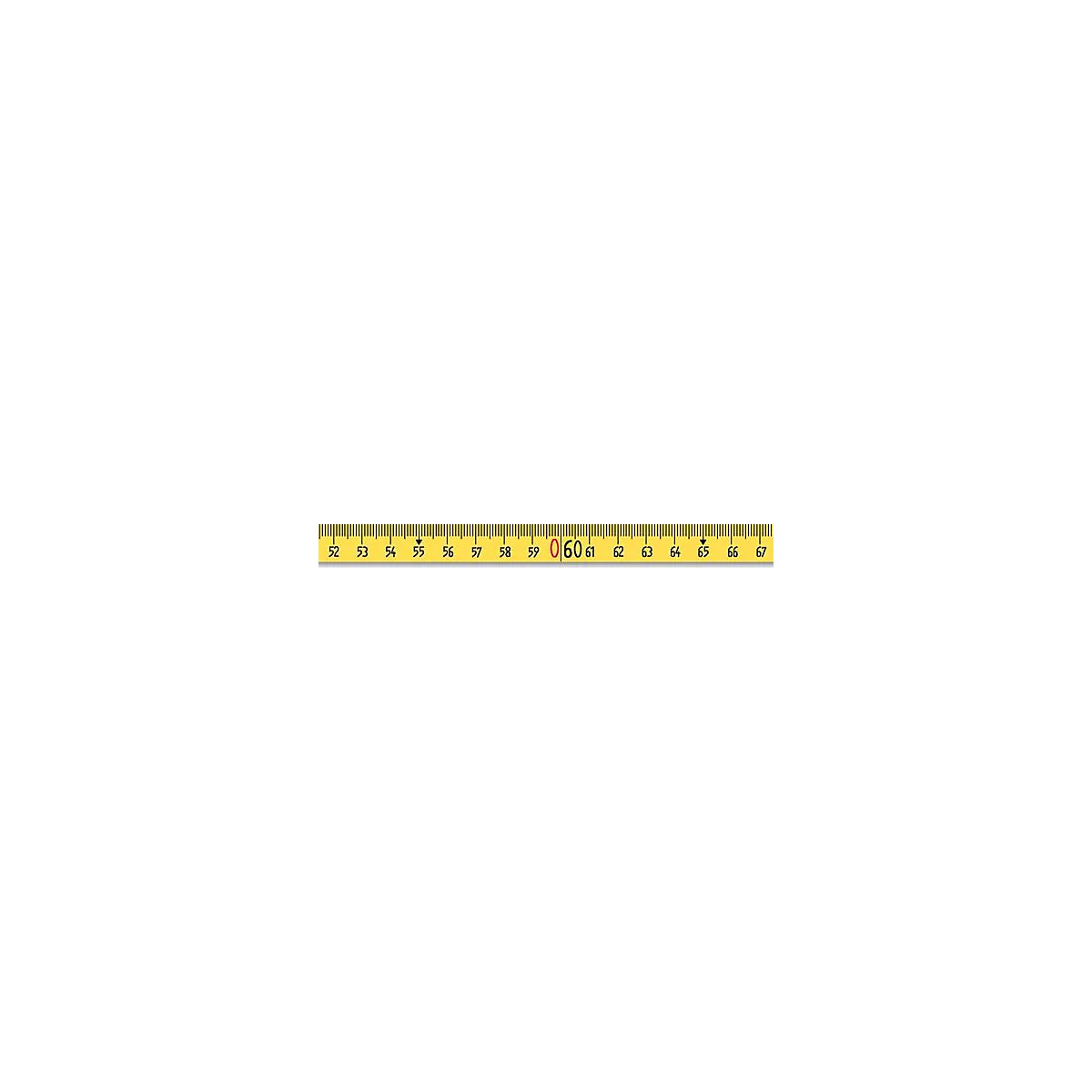 Gros plan d'une règle jaune avec des marques noires et un cercle rouge autour du chiffre 60.