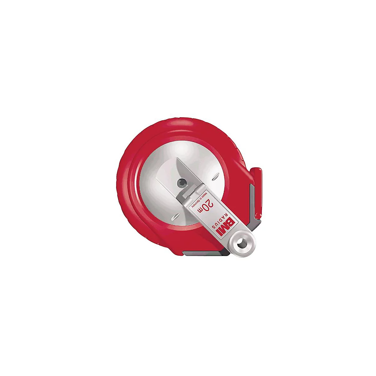 Mètre ruban BMI rouge, disque argenté avec échelle et bras de mesure blanc. Inscription : BMI RADIUS, 20m, Made in Germany.