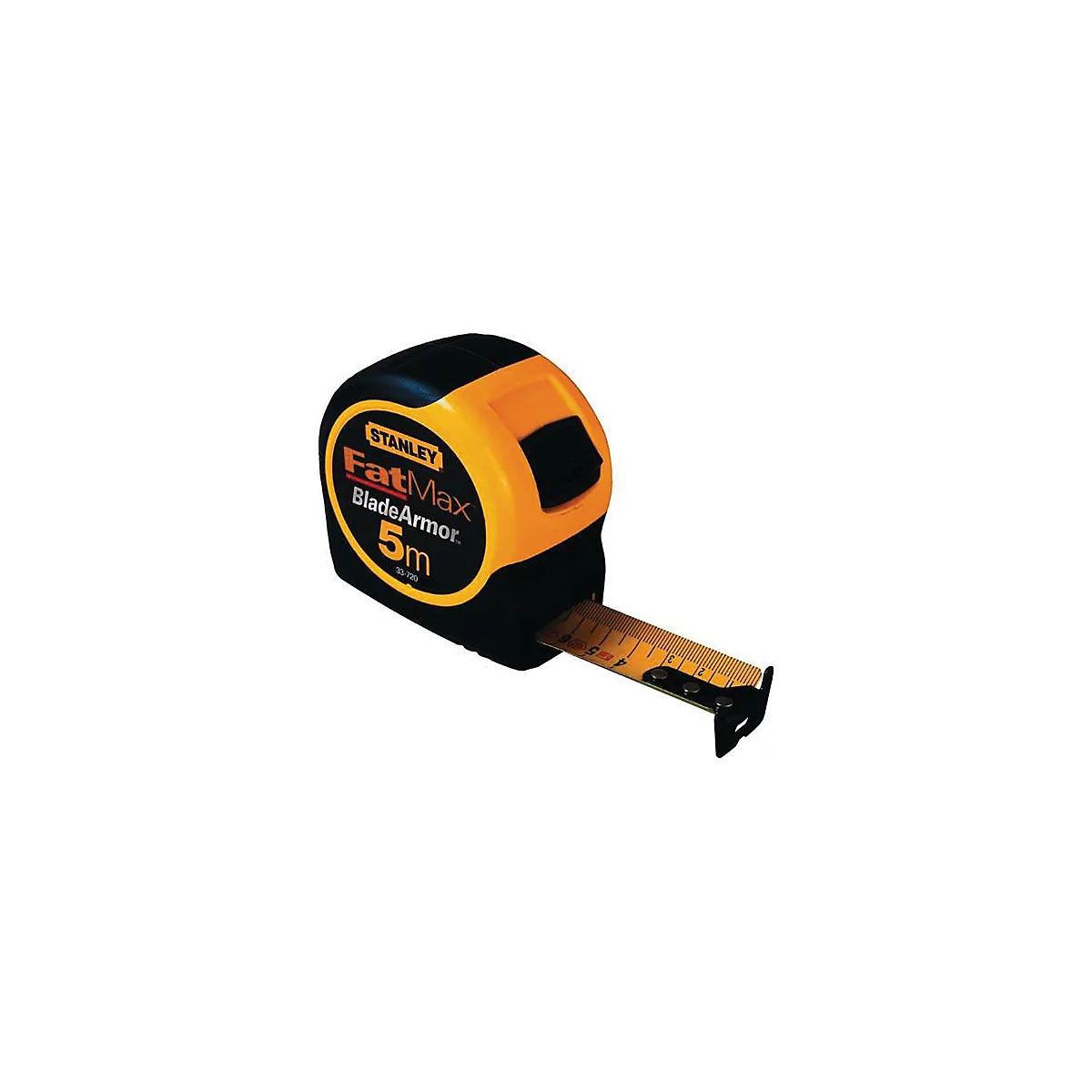Mètre ruban Stanley FatMax jaune et noir, 5 m, avec le ruban à mesurer étendu.