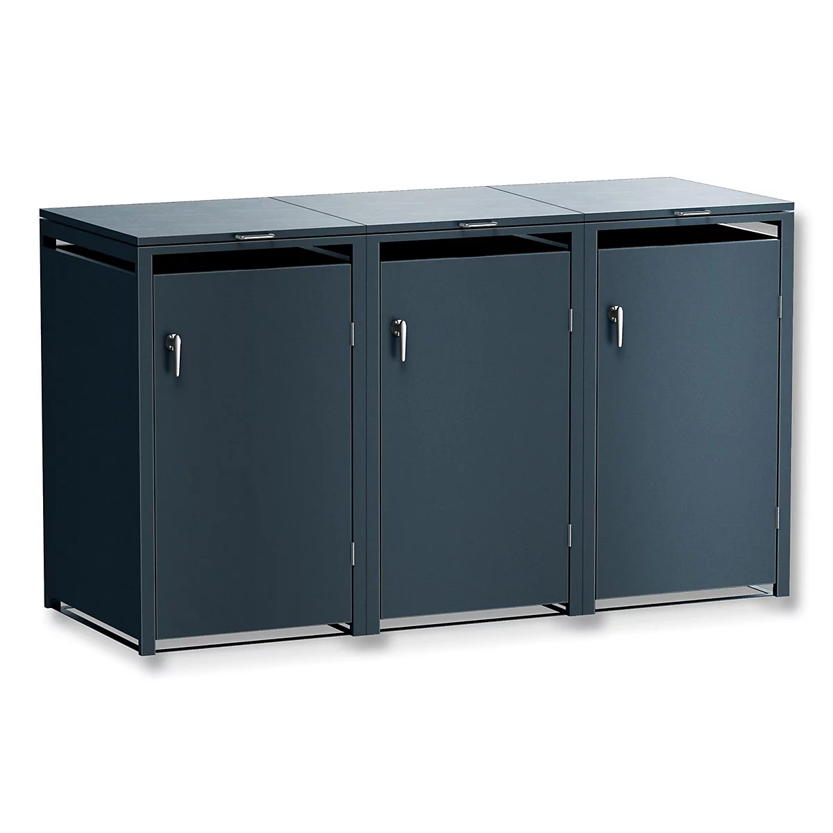 Donkerblauwe vuilcontainer met drie compartimenten, drie handvatten en een bovenste plank.