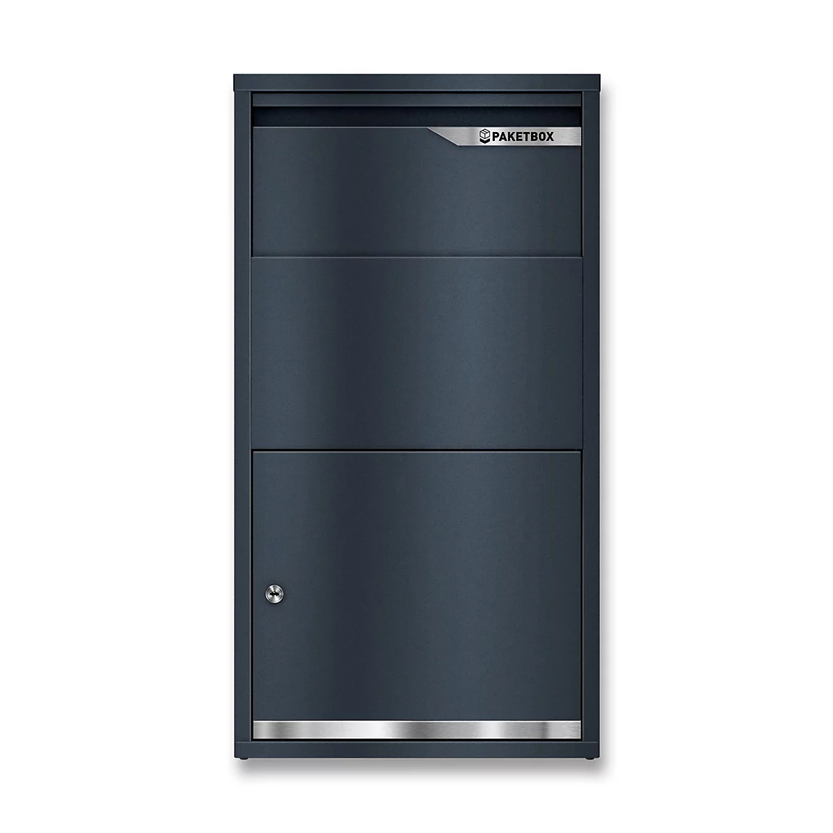 Boîte aux colis gris foncé sur fond blanc. Avec le logo Paketbox et une petite serrure en bas.