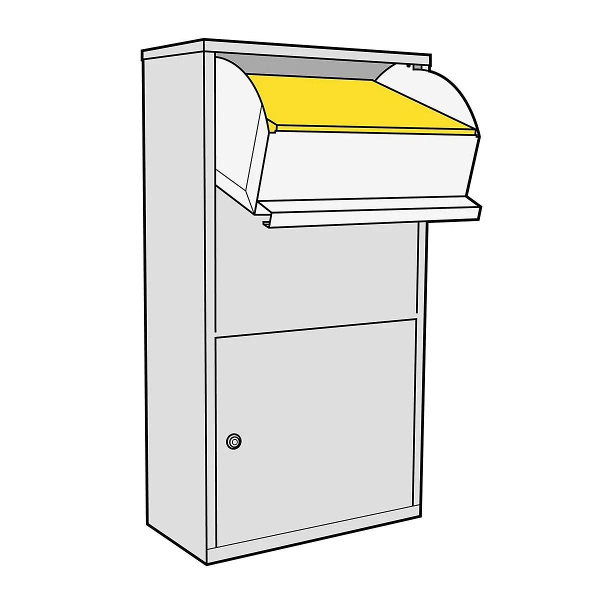 Boîte aux lettres grise avec fente jaune. Le rabat supérieur est ouvert.