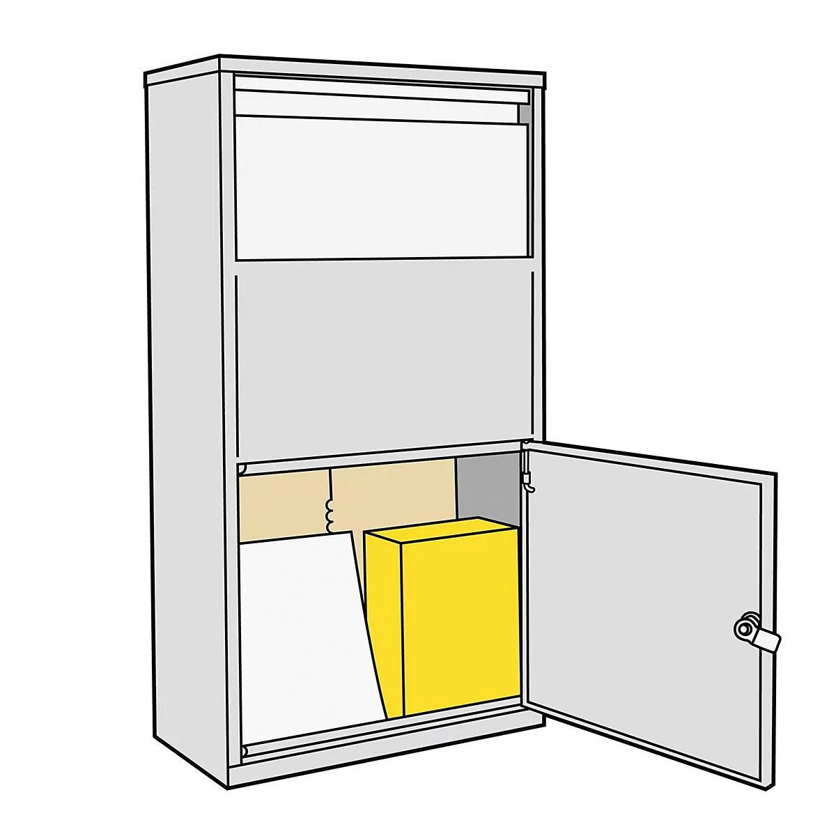 Un classeur gris avec une porte ouverte. Boîte jaune à l'intérieur.