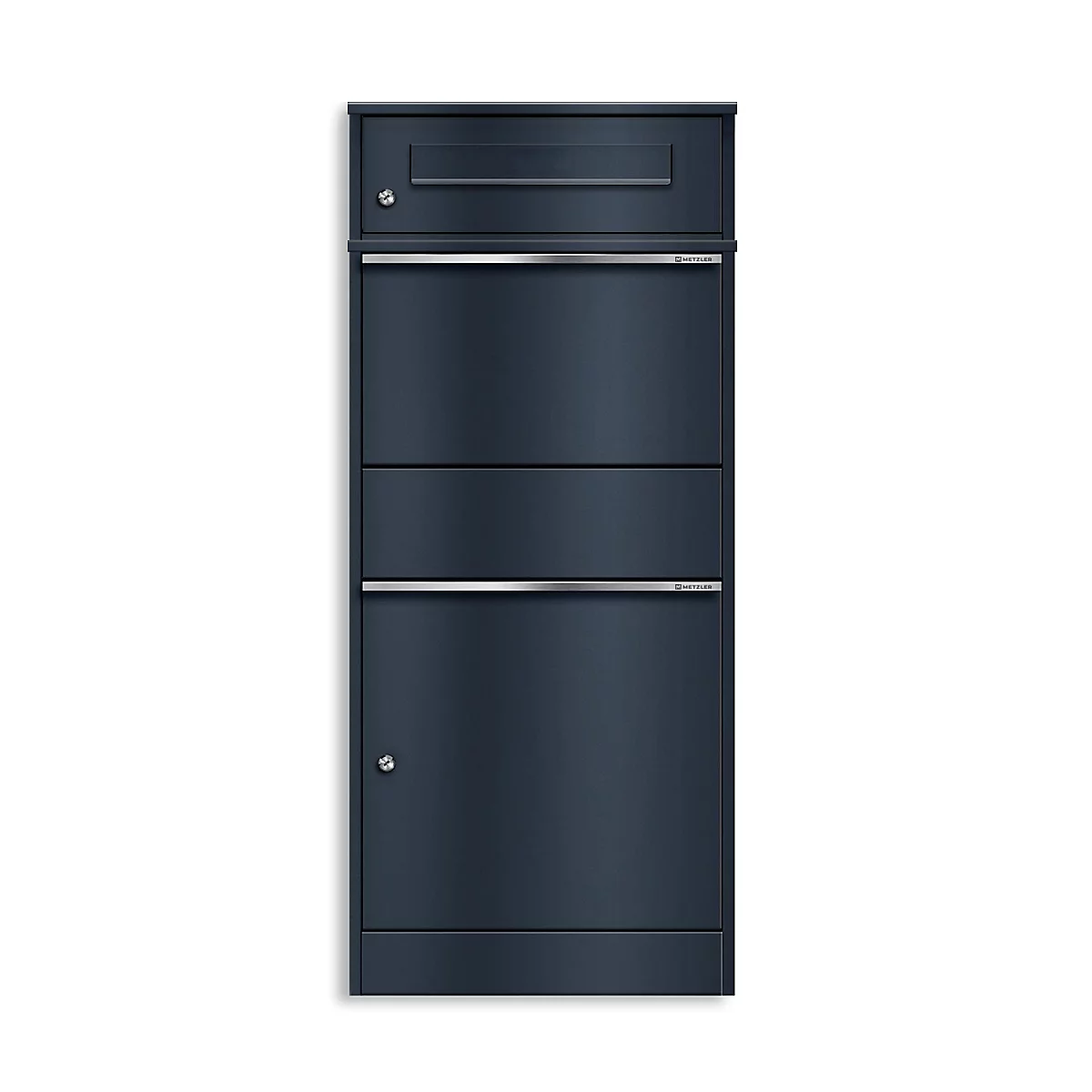 Boîte aux lettres bleu foncé avec deux tiroirs, une barre transversale étroite et une serrure de porte.