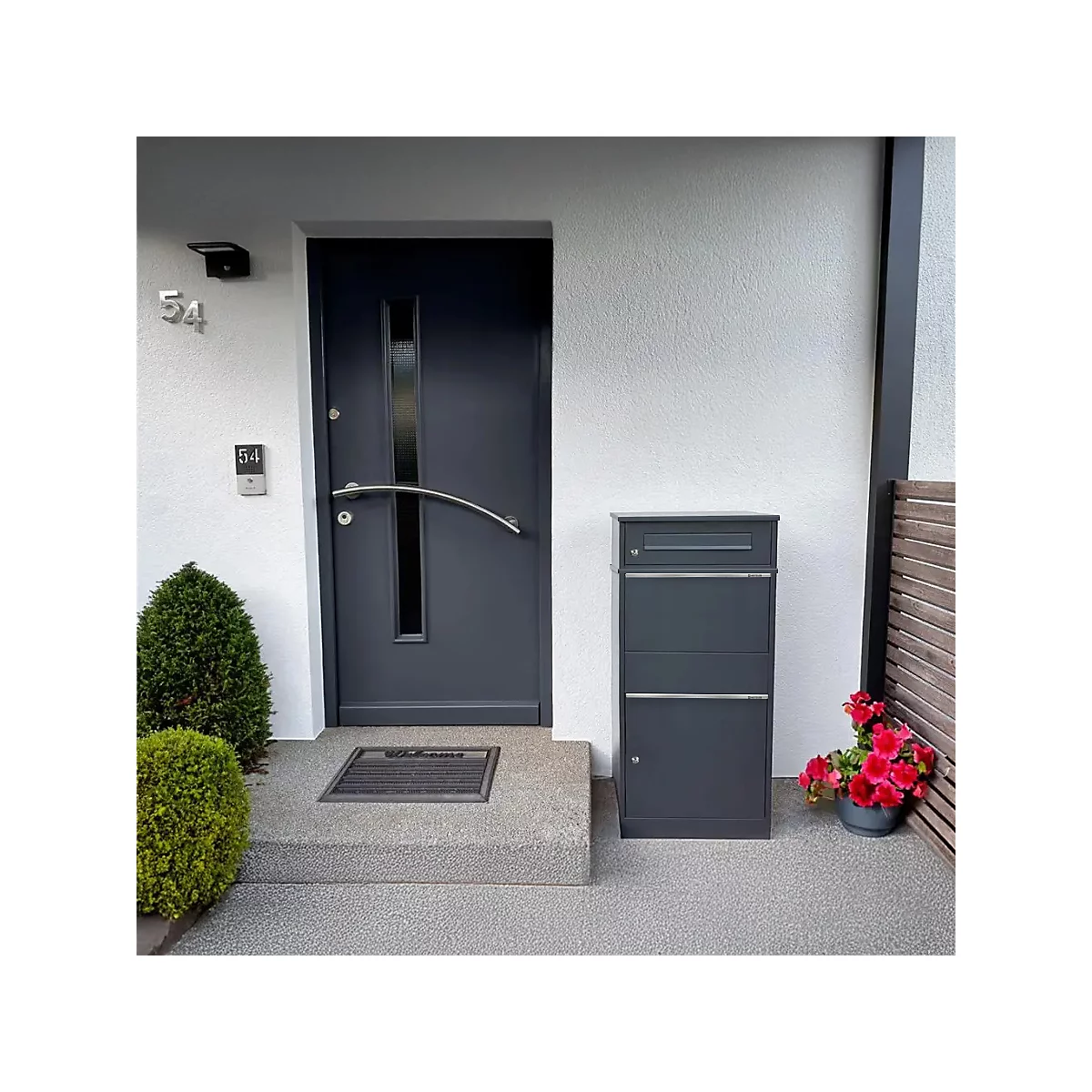 Porte d'entrée gris foncé avec insert en verre, à côté une boîte aux lettres. Devant la porte, un paillasson et de petits buissons.