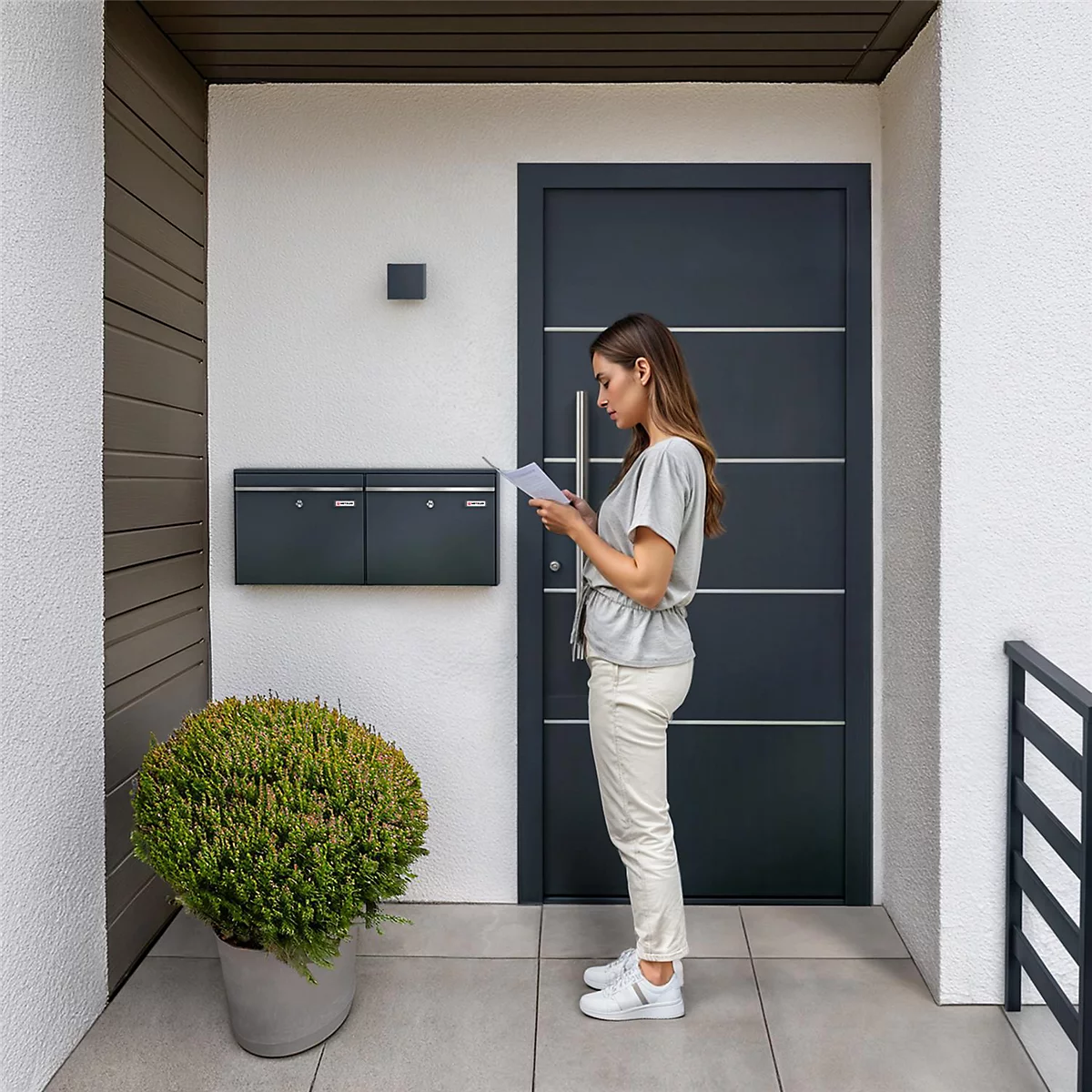 Femme devant la porte, lisant une lettre. Porte sombre, boîtes aux lettres grises, pot avec plante, pantalon et chaussures blanches.