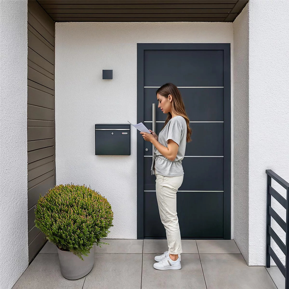 Femme lisant des lettres devant une porte. Porte grise, boîte aux lettres grise. Plante en pot devant.