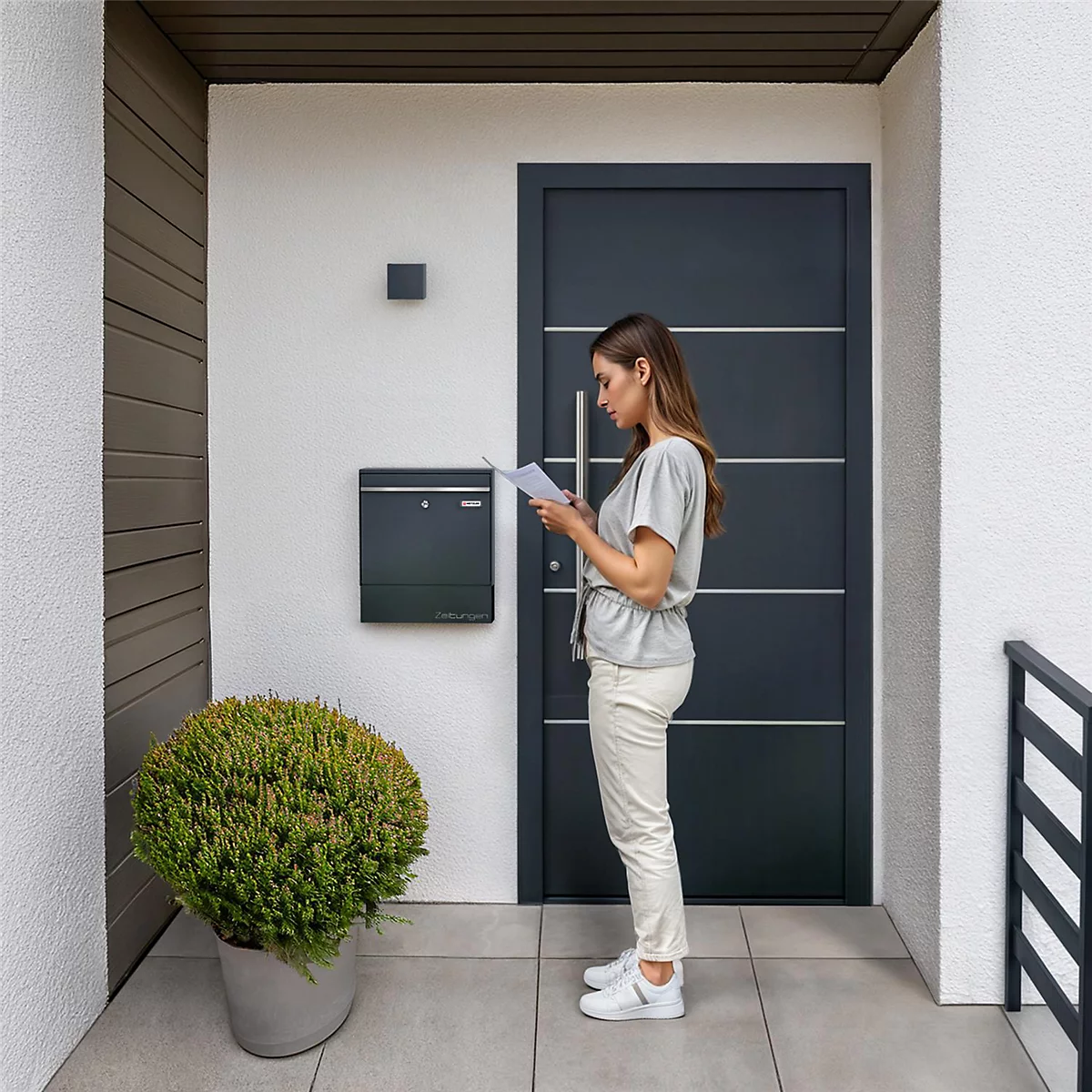Une femme se tient devant la porte d'entrée, lisant des lettres. A côté d'elle, une boîte aux lettres. Au premier plan, un buisson en pot.