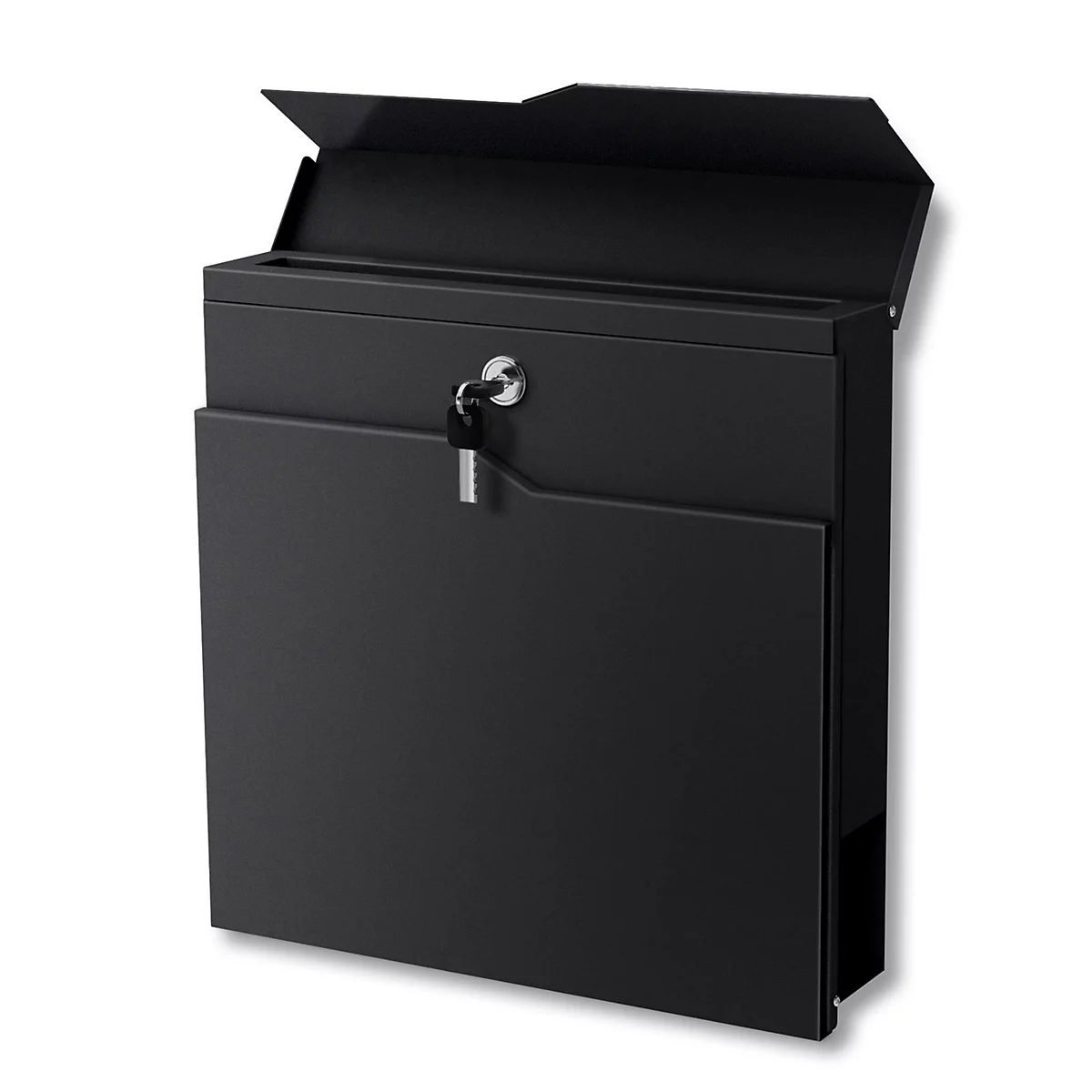 Boîte aux lettres noire avec couvercle ouvert et clé.