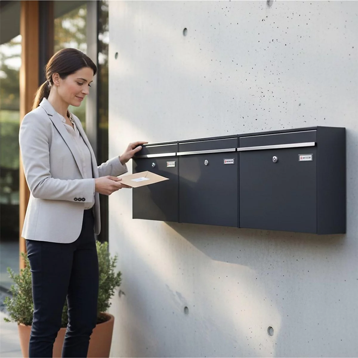 Eine Frau öffnet einen Briefkasten, der an einer Betonmauer befestigt ist. Sie trägt einen Blazer, eine Hose und hält den Brief in der Hand.