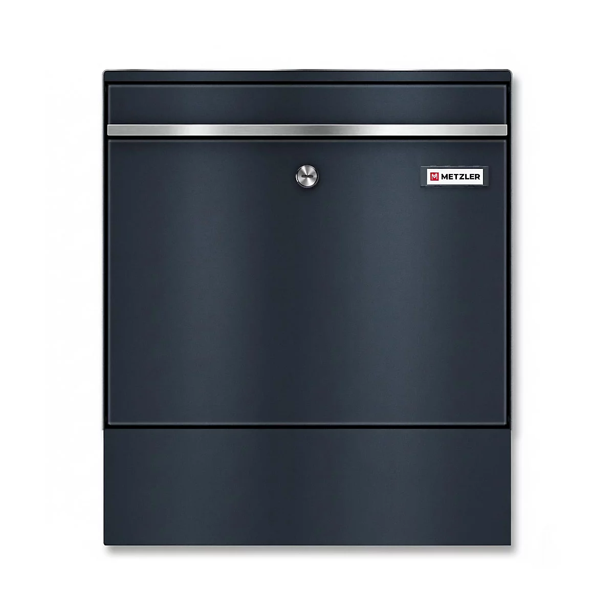Dunkelgrauer Briefkasten mit silberner Leiste und Schloss. Kleines Metzler-Logo rechts.
