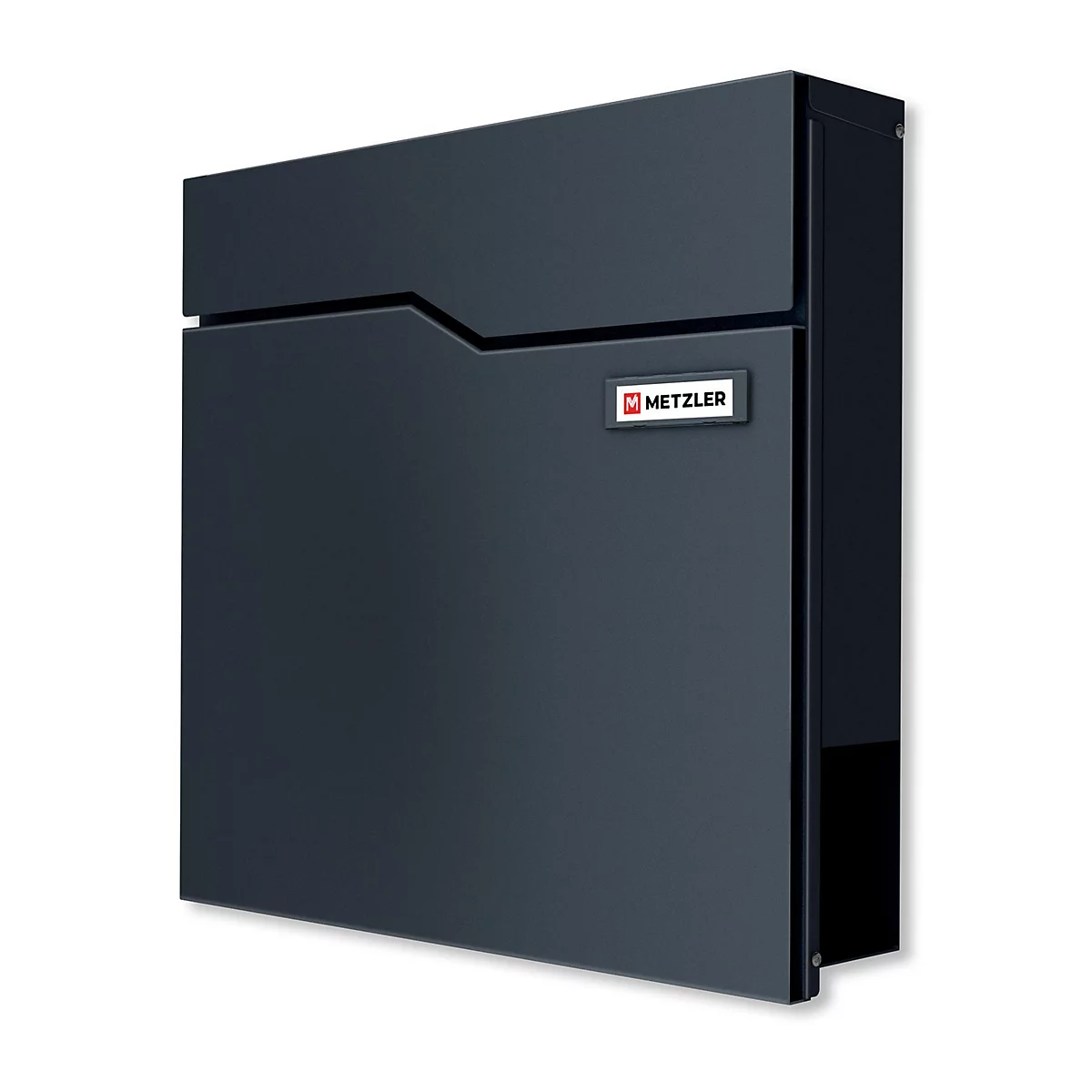 Dunkelgrauer Briefkasten mit dem Logo "METZLER".