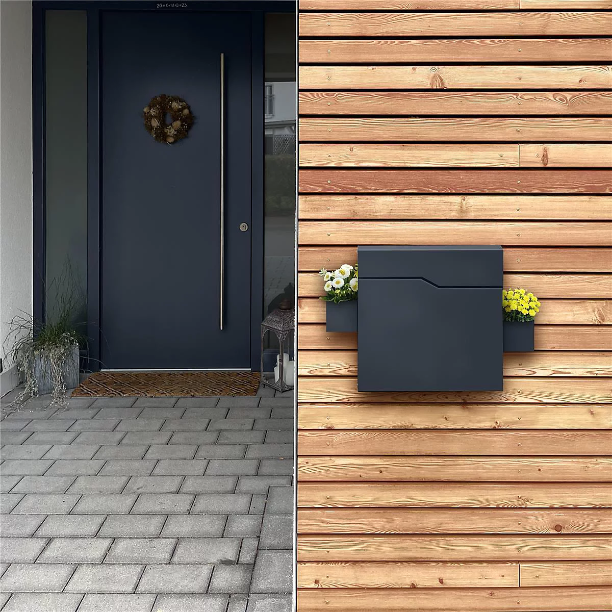 Dunkelblaue Tür mit Kranz, Briefkasten mit Blumen an Holzfassade.