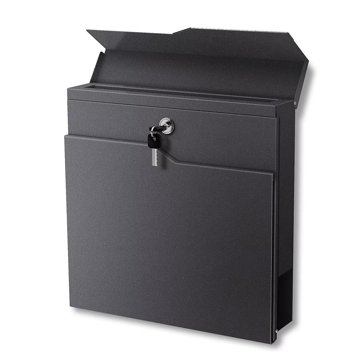 Dunkelgrauer Briefkasten mit Klappe und Schlüssel.
