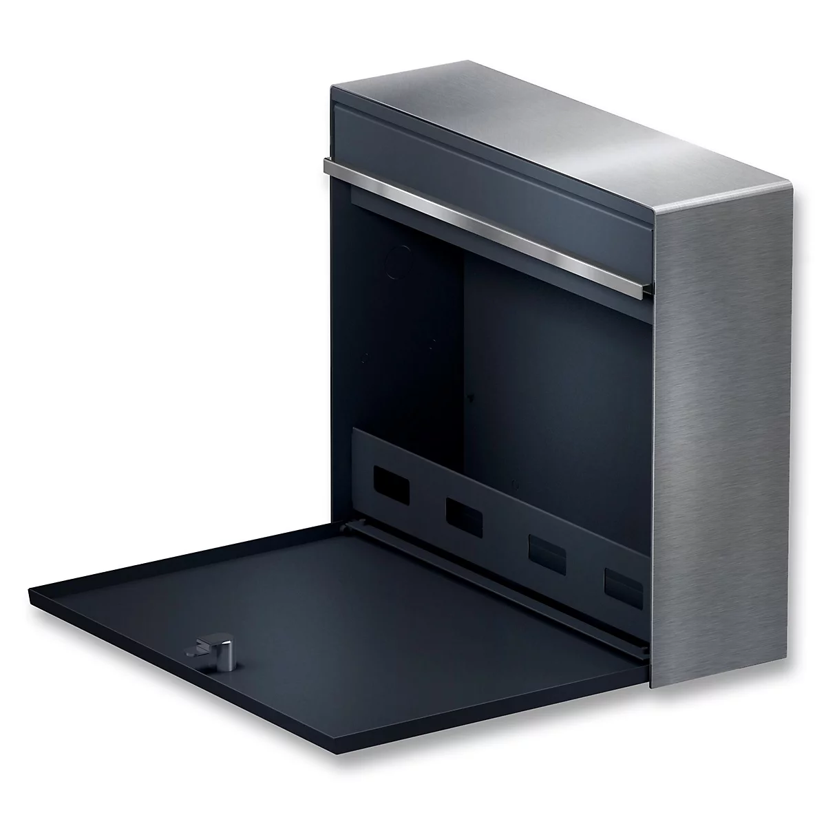 Donkergrijze brievenbus met open klep, metallic glans.